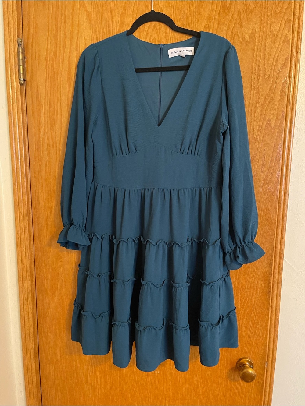 Blue Tiered V-Neck Long Sleeve Dress